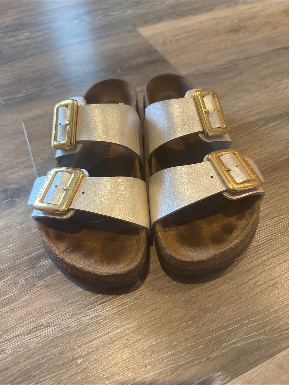 Birkenstock Women’s Off-White Two-Strap Sandals with Gold Buckles - Picture 2 of 6